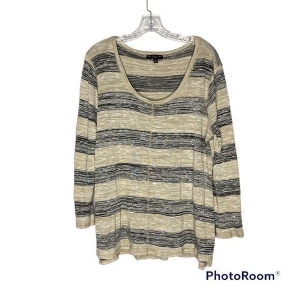 5/$25 Signature Studio Black Tan Striped Knit Scoop Neck Long Sleeve Sweater 1X - Picture 1 of 8